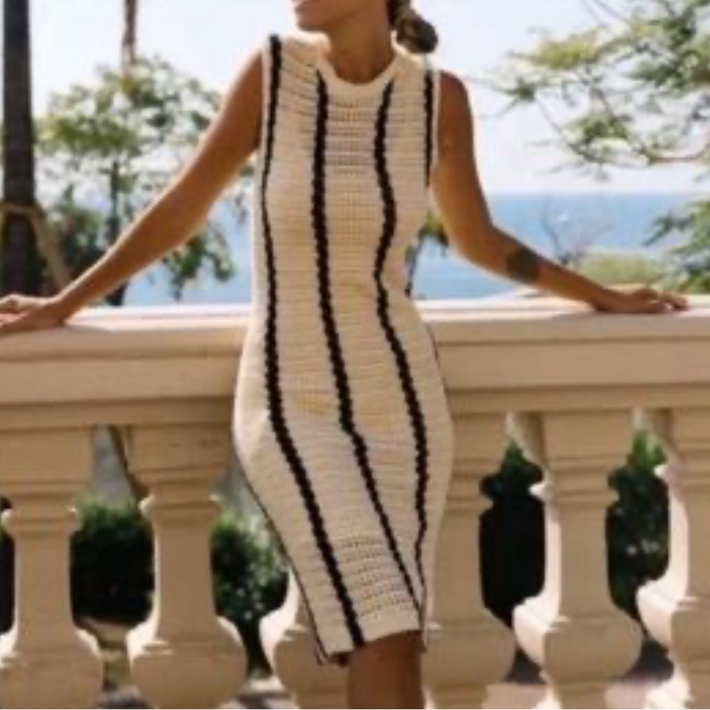 Monrow Cream Midi Knit Dress with Black Vertical Stripes